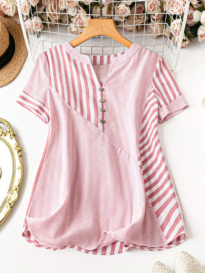Women's tunic blouse with stripe pattern and button placket – Elegant summer style for everyday and leisure wear