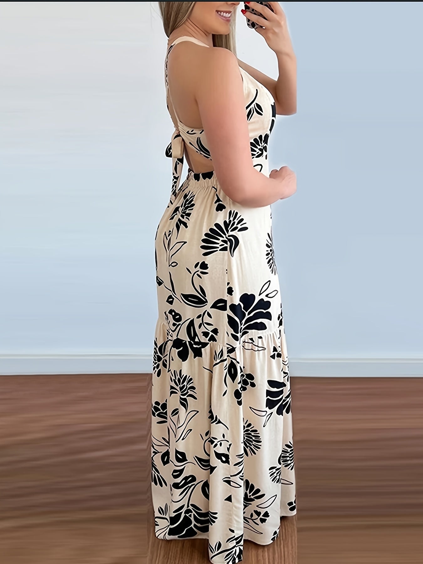 Women's Elegant Fit & Flare Maxi Dress with Floral Pattern for Vacation and Summer Parties
