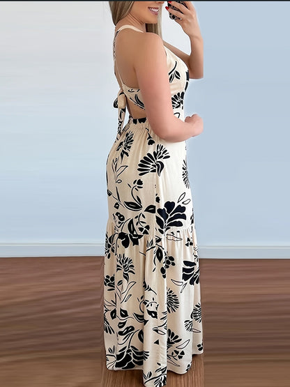 Women's Elegant Fit & Flare Maxi Dress with Floral Pattern for Vacation and Summer Parties