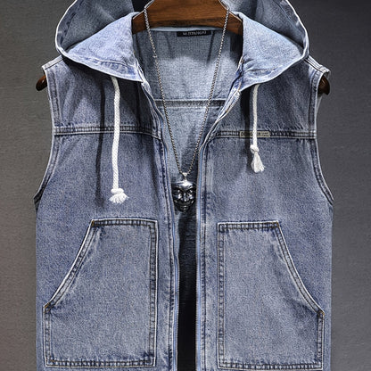 Men's denim vest with hood, sleeveless, with zipper and pockets