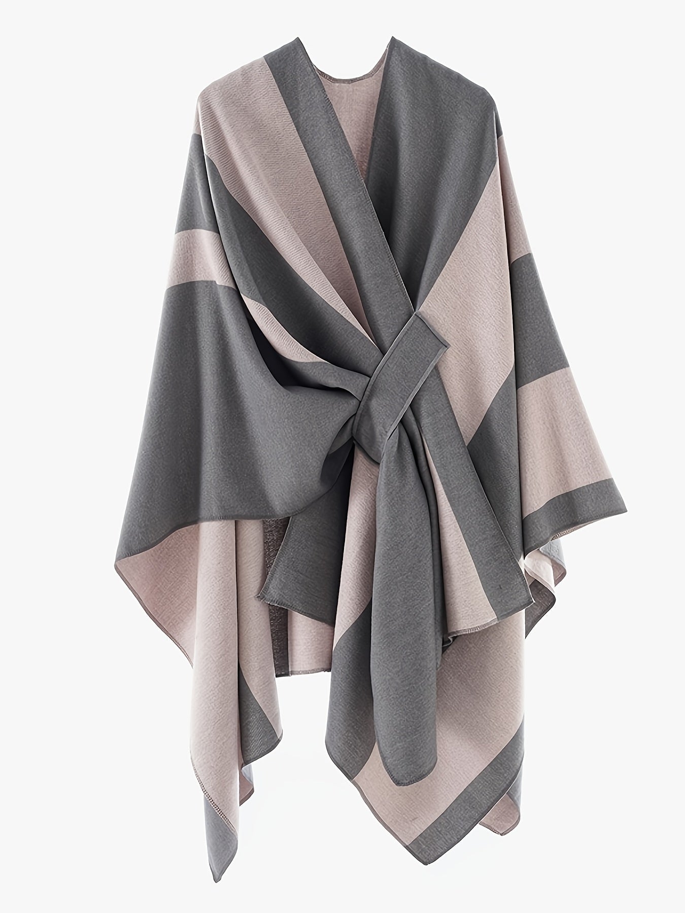 Damen Poncho Zweifarbig Gestreift Weicher Umhang mit V-Ausschnitt