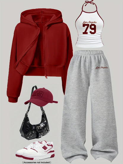 Women's 3-piece set: cropped hoodie, halter top & wide-leg joggers