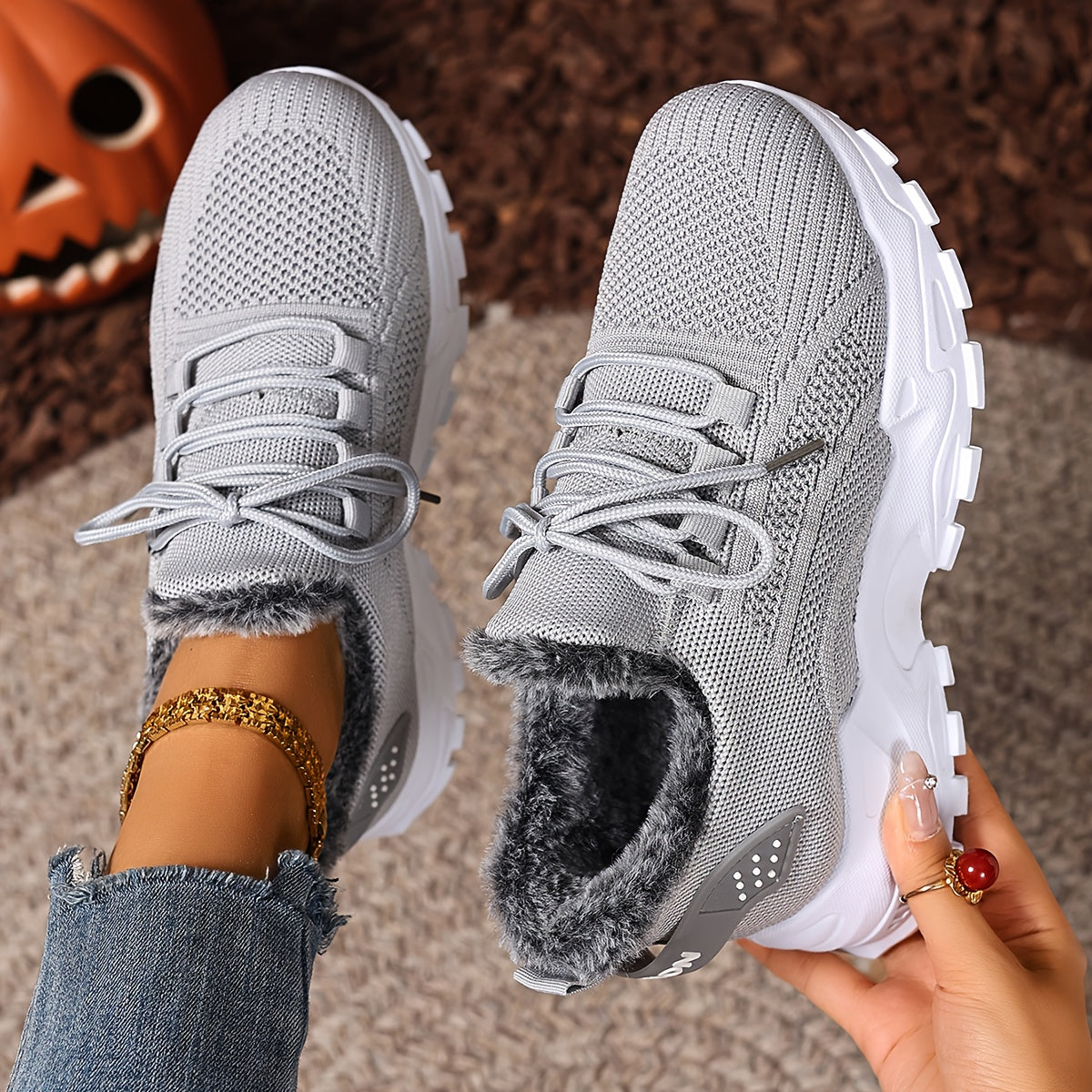 Damen Sneaker mit Strick-Obermaterial und Futter in Pelz-Optik Rot