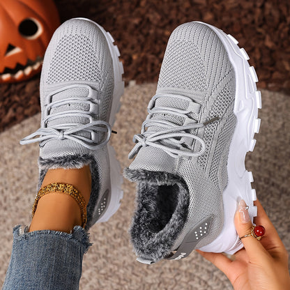 Damen Sneaker mit Strick-Obermaterial und Futter in Pelz-Optik Rot