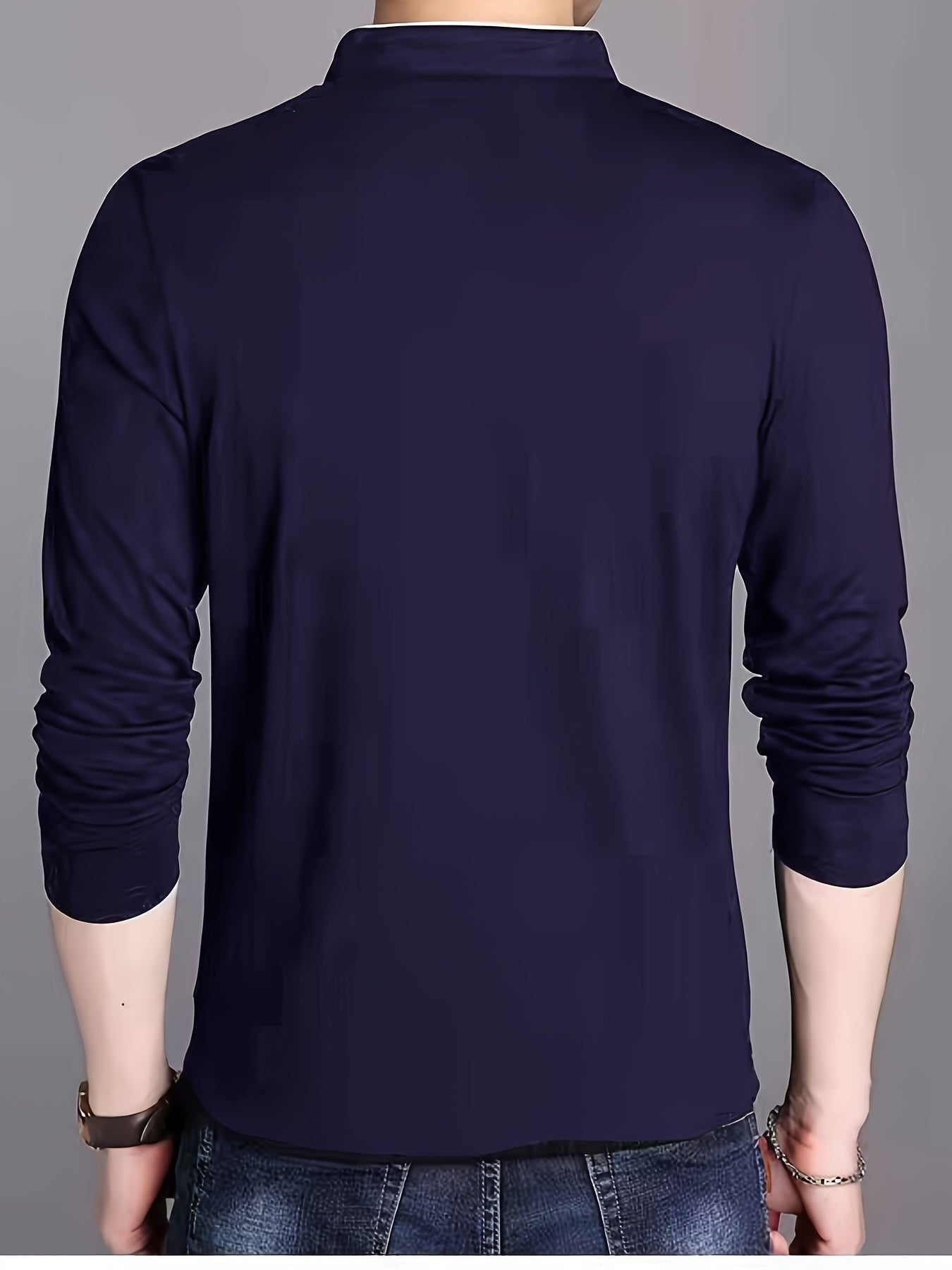 Men's long-sleeve shirt with stand-up collar and button placket