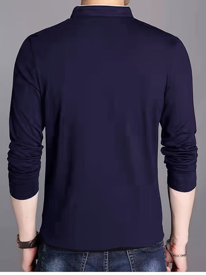 Men's long-sleeve shirt with stand-up collar and button placket
