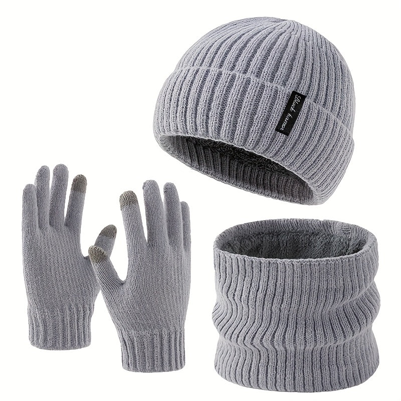 Rib-knit beanie, infinity scarf, and gloves set, black, winter, men’s and women’s