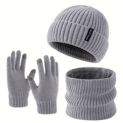 Rib-knit beanie, infinity scarf, and gloves set, black, winter, men’s and women’s