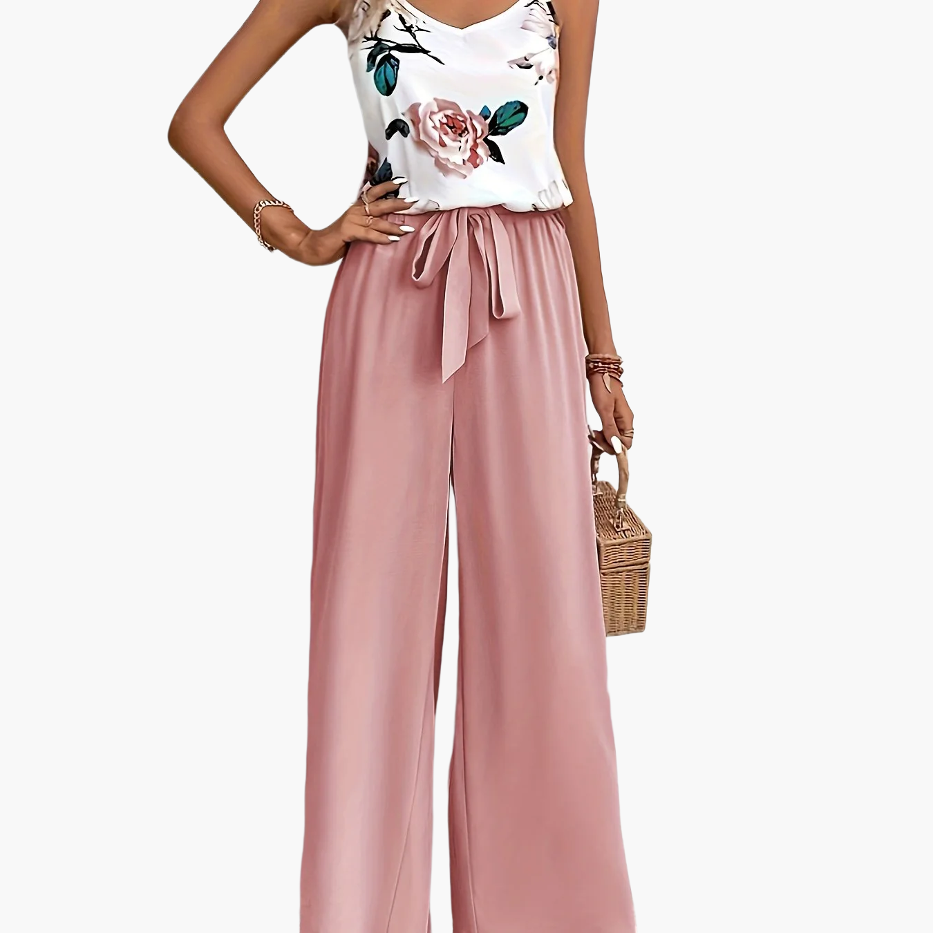 Women's Elegant Jumpsuit with Floral Pattern and Bow Detail for Spring and Summer
