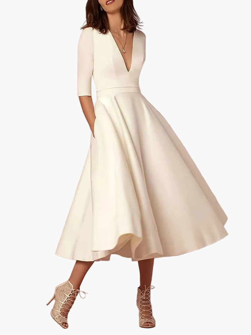 Women's Vintage Cocktail Dress with V-Neck and Half Sleeves – Elegant A-Line Dress for Festive Occasions