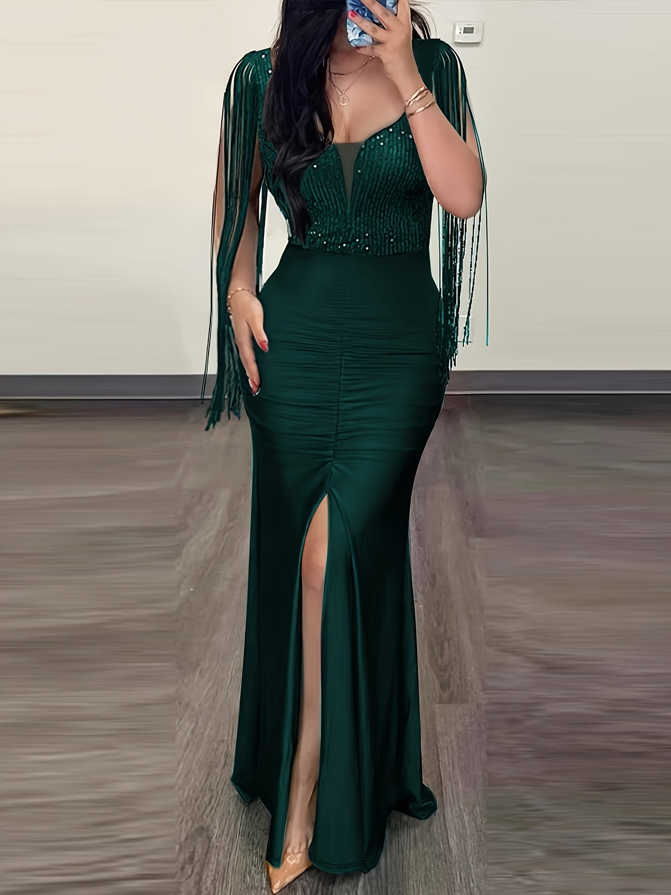 Women's Elegant Evening Dress with Fringe and Slit – Bodycon Maxi Dress for Formal Occasions