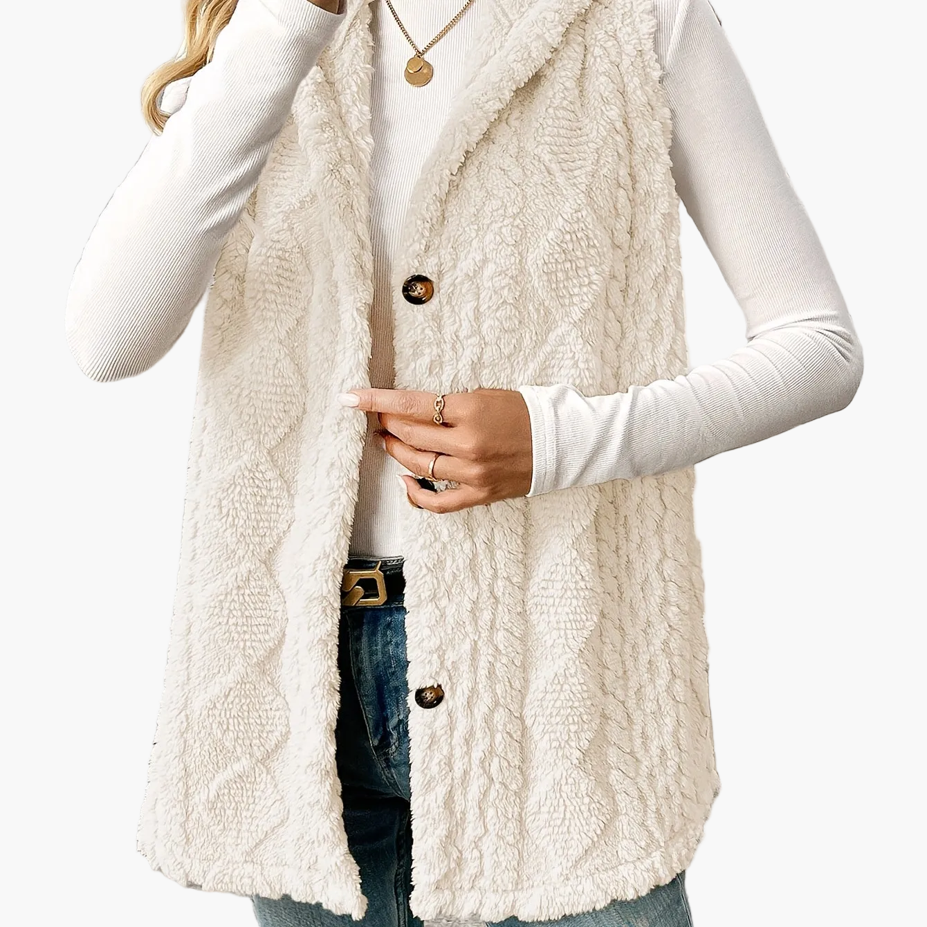 Women's knitted vest with hood and buttons – Elegant casual vest for autumn and winter