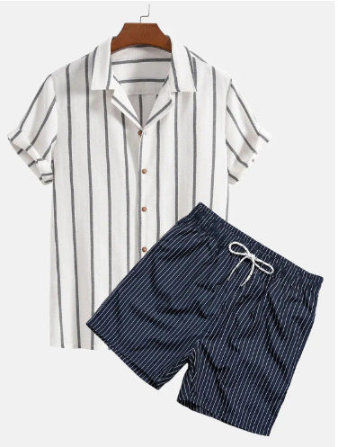Men's Summer Casual Two-Piece with Abstract Print – Fashionable Short-Sleeve Shirt & Shorts Set for Vacation and Everyday Wear