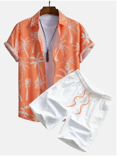 Men's Summer Casual Two-Piece with Abstract Print – Fashionable Short-Sleeve Shirt & Shorts Set for Vacation and Everyday Wear