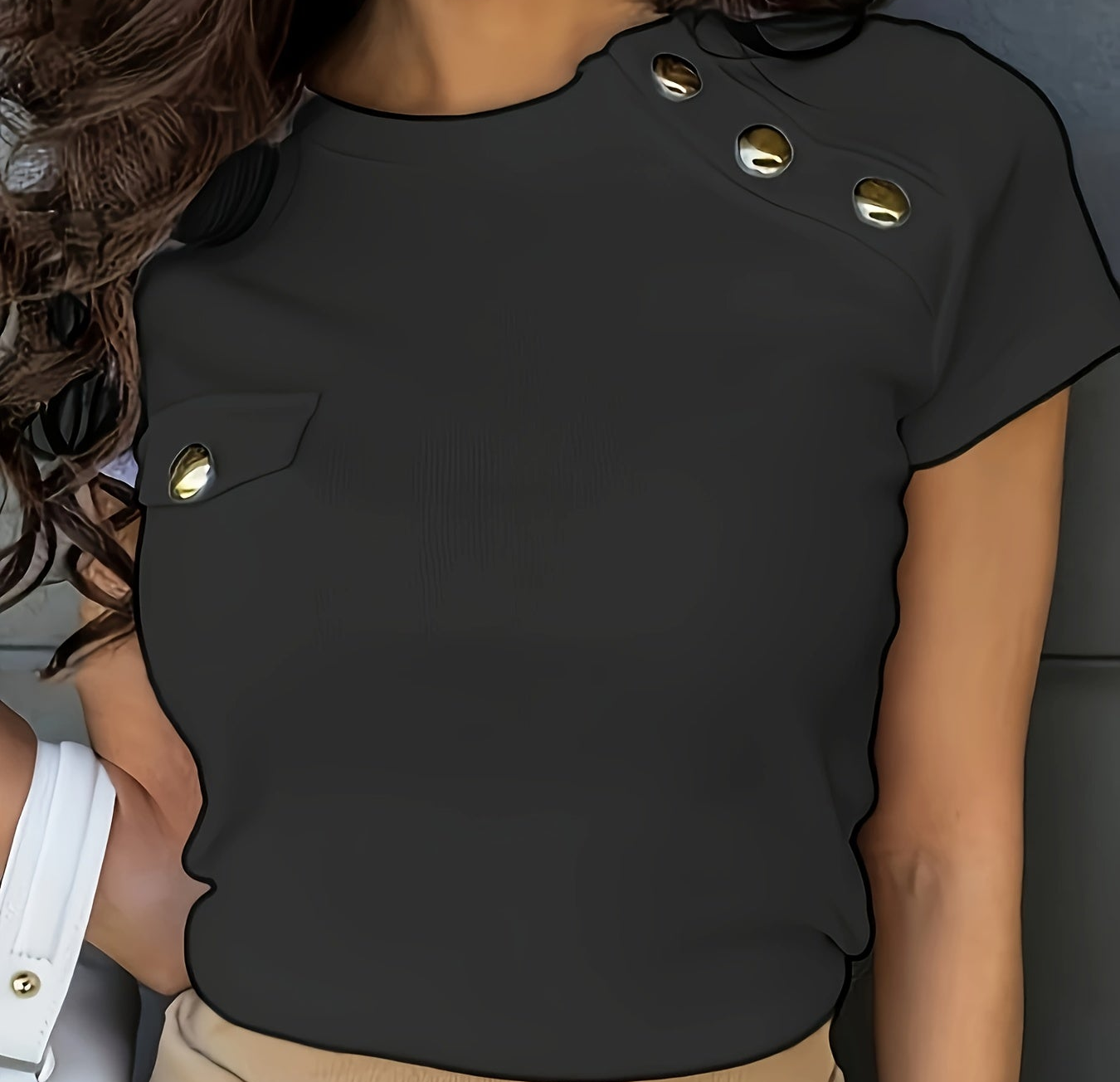 Women's short-sleeve shirt with decorative buttons and modern cut – Elegant casual and office top