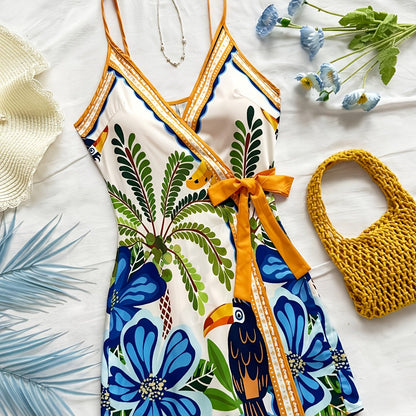Women's summer wrap dress with tropical print and floral pattern – Perfect for vacation and leisure
