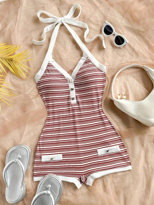 Women's one-piece romper with stripe pattern and button placket – summer fashion for vacation & leisure