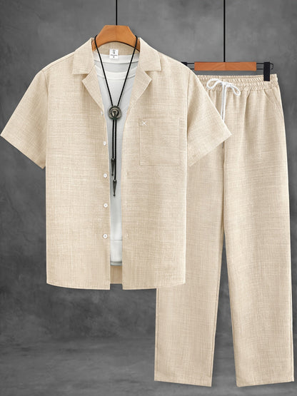 Men's Casual Suit Set – Short-Sleeve Shirt & Pants, Modern Summer Look for Everyday and Vacation