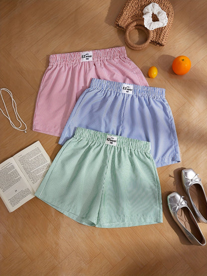 Damen Pyjama-Shorts im Streifen-Design für entspannte Sommernächte, 3er-Pack, Freizeit-Loungewear