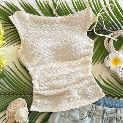 Women's summer top with texture and asymmetrical shoulder detail – Ideal for vacation and beach