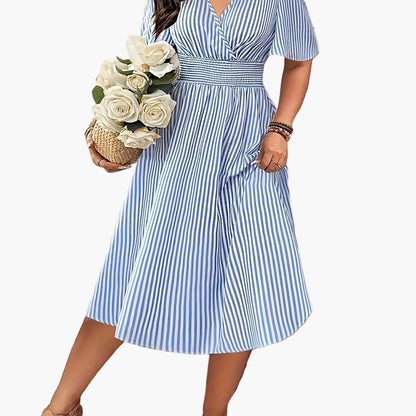 Women's Elegant Striped Midi Dress with V-Neck and Waist Accent for Festive Occasions