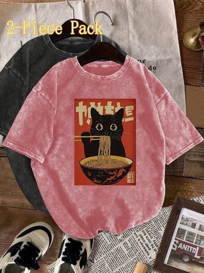 Women's Vintage T-Shirt with Cat and Ramen Print – Funny Graphic Shirt for Casual and Streetwear