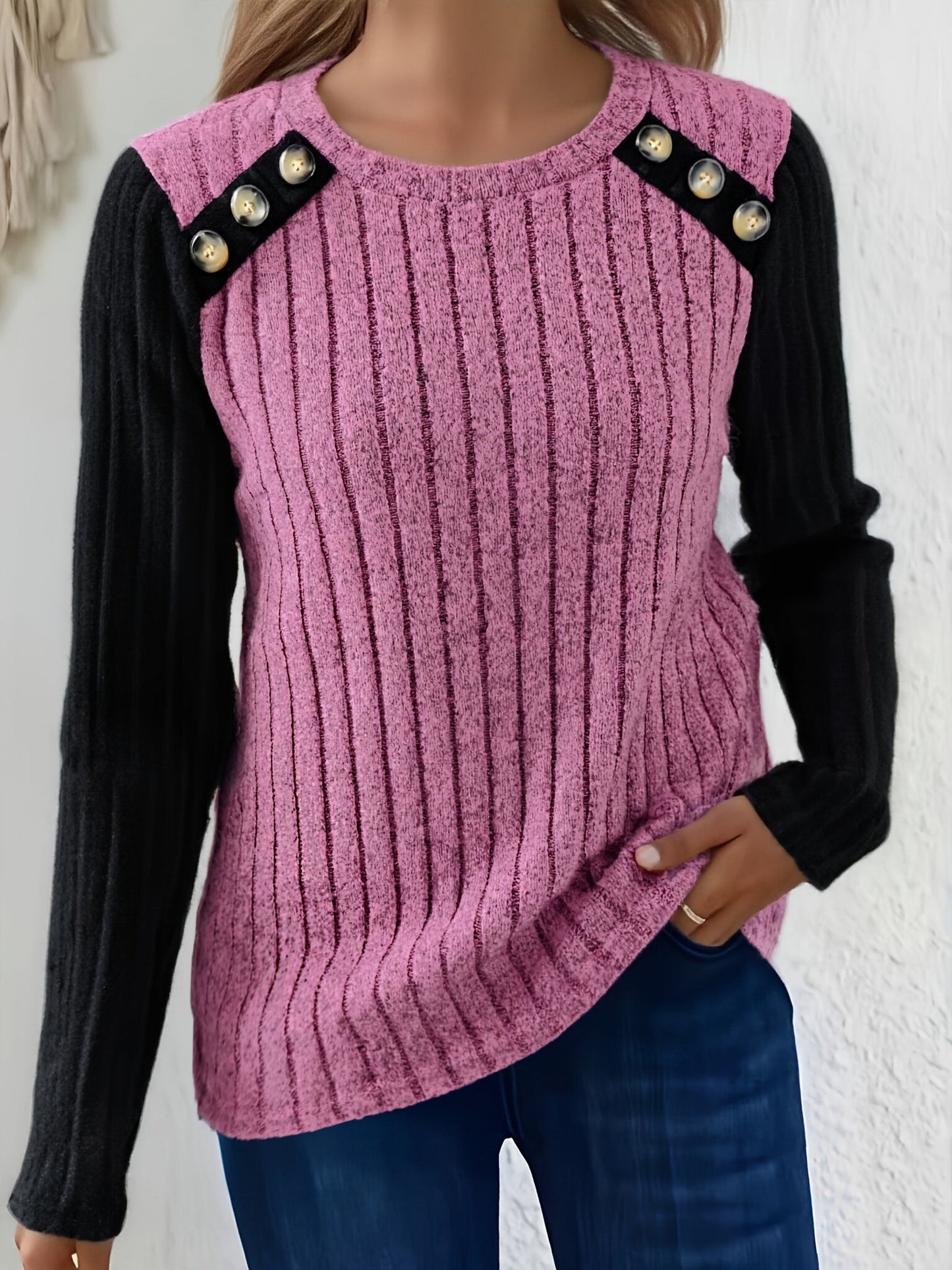 Damen Langarmshirt Gerippt mit Knopfleiste Kontrastärmel Schwarz