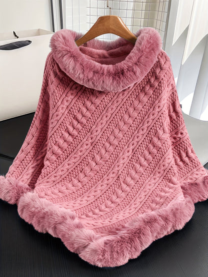 Poncho Damen Strick Zopfmuster mit Kunstpelzbesatz Marineblau