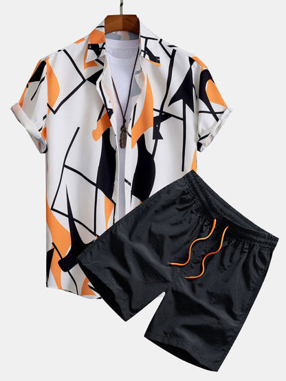 Men's Summer Casual Two-Piece with Abstract Print – Fashionable Short-Sleeve Shirt & Shorts Set for Vacation and Everyday Wear