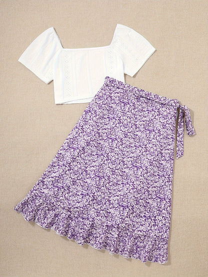 Damen Zweiteiler Set – Romantische Bluse mit Puffärmeln und Floraler Wickelrock – Perfekt für Sommer & Freizeit