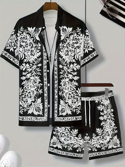 Men's Summer Casual Set with Short-Sleeve Shirt and Shorts – Floral Pattern, Ideal for Vacation & Beach