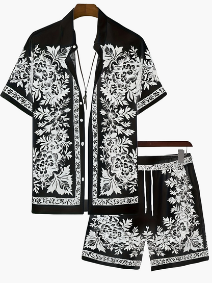 Men's Summer Casual Set with Short-Sleeve Shirt and Shorts – Floral Pattern, Ideal for Vacation & Beach