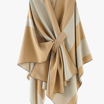 Damen Poncho Zweifarbig Gestreift Weicher Umhang mit V-Ausschnitt
