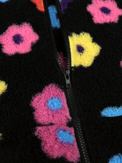 Hooded teddy jacket with colorful floral patterns and a zipper