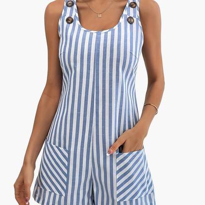 Women's summer jumpsuit with stripe pattern and button details, casual one-piece for everyday wear and vacation
