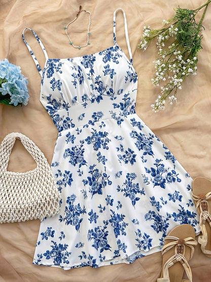 Women's Summer Mini Dress with Floral Pattern – Playful Casual Dress for Vacation & Everyday Wear