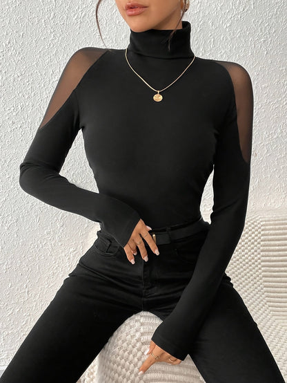 Damen Rollkragen-Oberteil mit transparenten Ärmeldetails, Schwarz