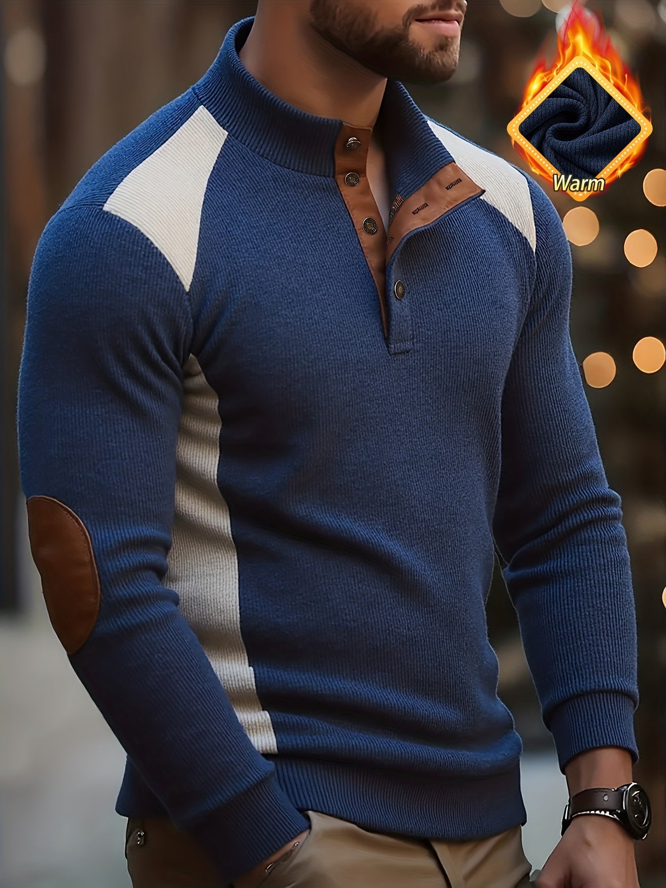 Men’s sweater, knit-look, stand-up collar, button placket, navy blue, beige