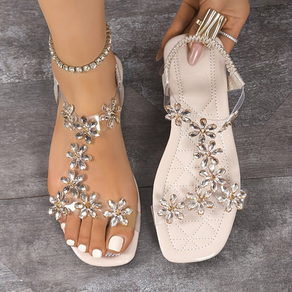 Women's sandals with flower decoration – Elegant T-strap summer shoes for parties & everyday wear