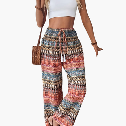 Women's Boho Wide-Leg Casual Pants with Ethnic Pattern for Summer