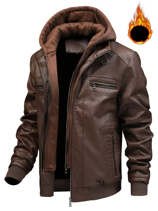 Men’s bomber jacket with hood, zipper, and ribbed cuffs, brown