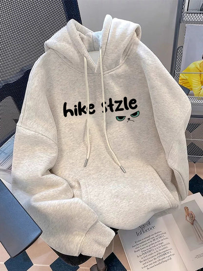 Light gray hoodie with cat print and ears on the hood