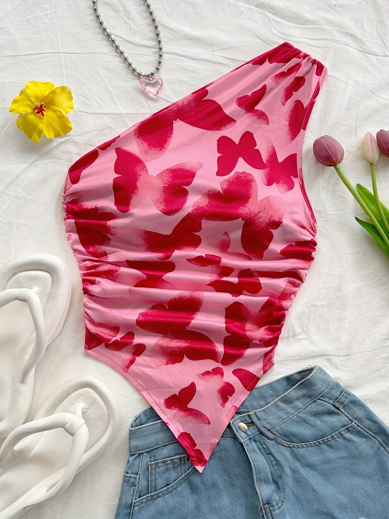 Damen Asymmetrisches Freizeit-Top mit Blumenmuster für den Sommer