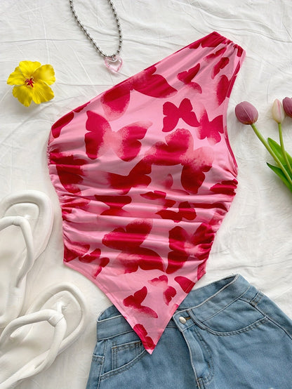 Damen Asymmetrisches Freizeit-Top mit Blumenmuster für den Sommer