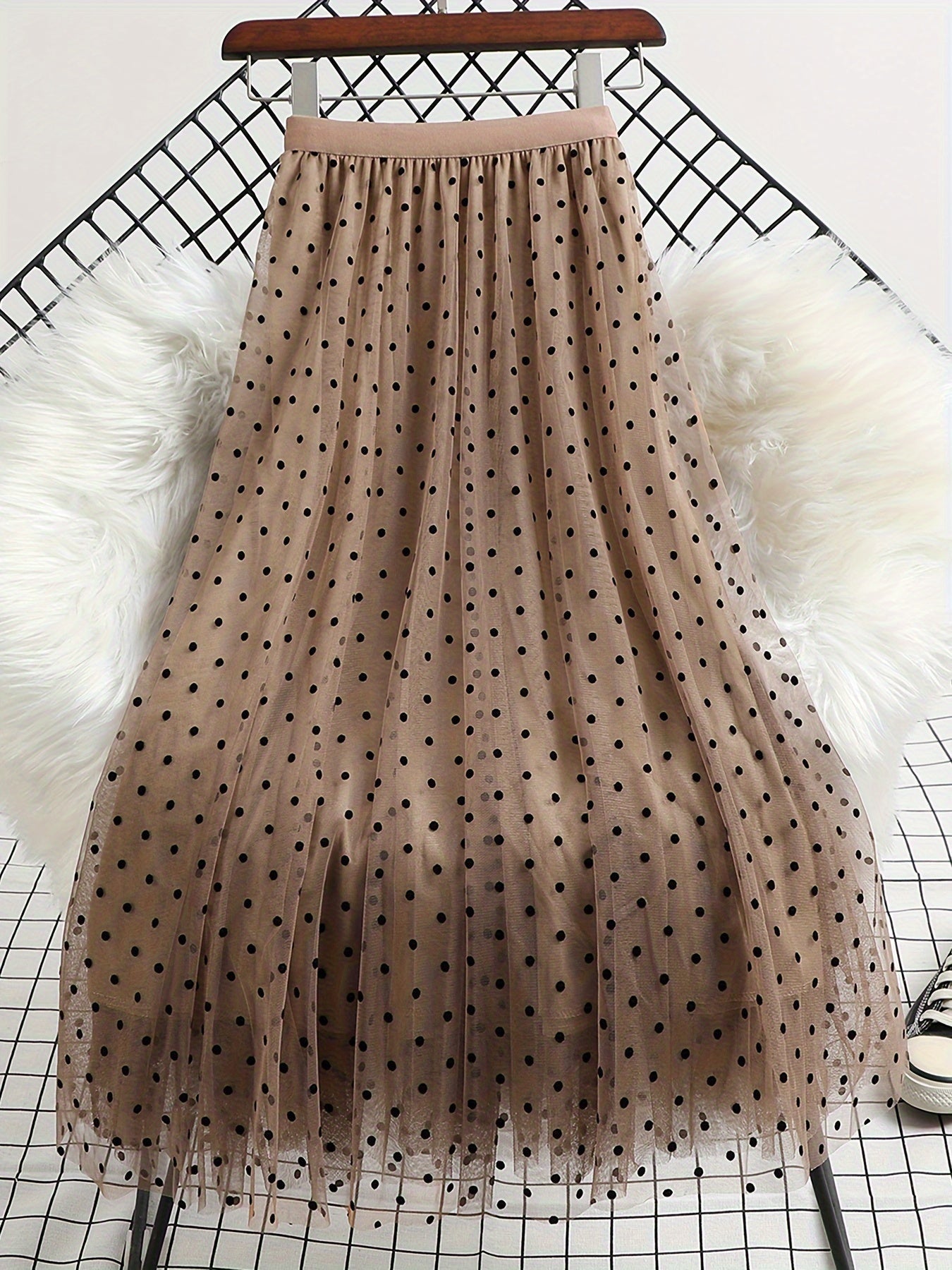 Women's Elegant Midi Skirt with Polka Dots and Flared Cut – Perfect for Spring and Summer