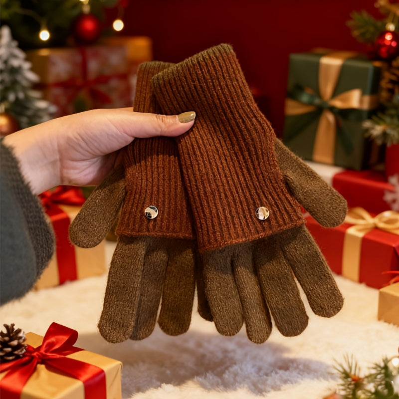 Two-tone knitted gloves with detachable mittens
