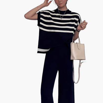 Women's Elegant Striped Set with Wide-Leg Pants – Casual, Fashionable Two-Piece for Spring and Summer