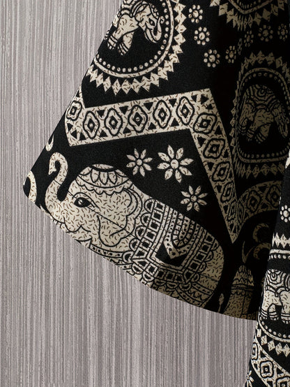 Men's Resort Shirt with Elephant and Mandala Print, Short Sleeve, Casual and Summer Style