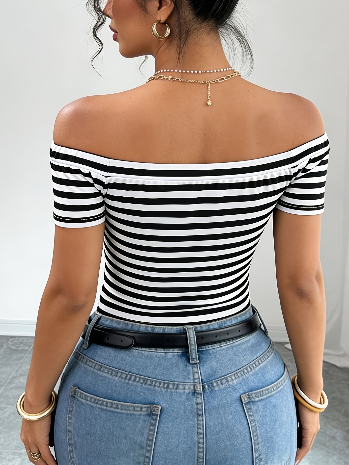 Women's Off-Shoulder Striped Shirt – Bardot Style for Everyday & Going Out