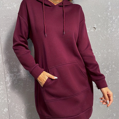 Damen Langarm Hoodie-Kleid mit Kapuze und Kängurutasche